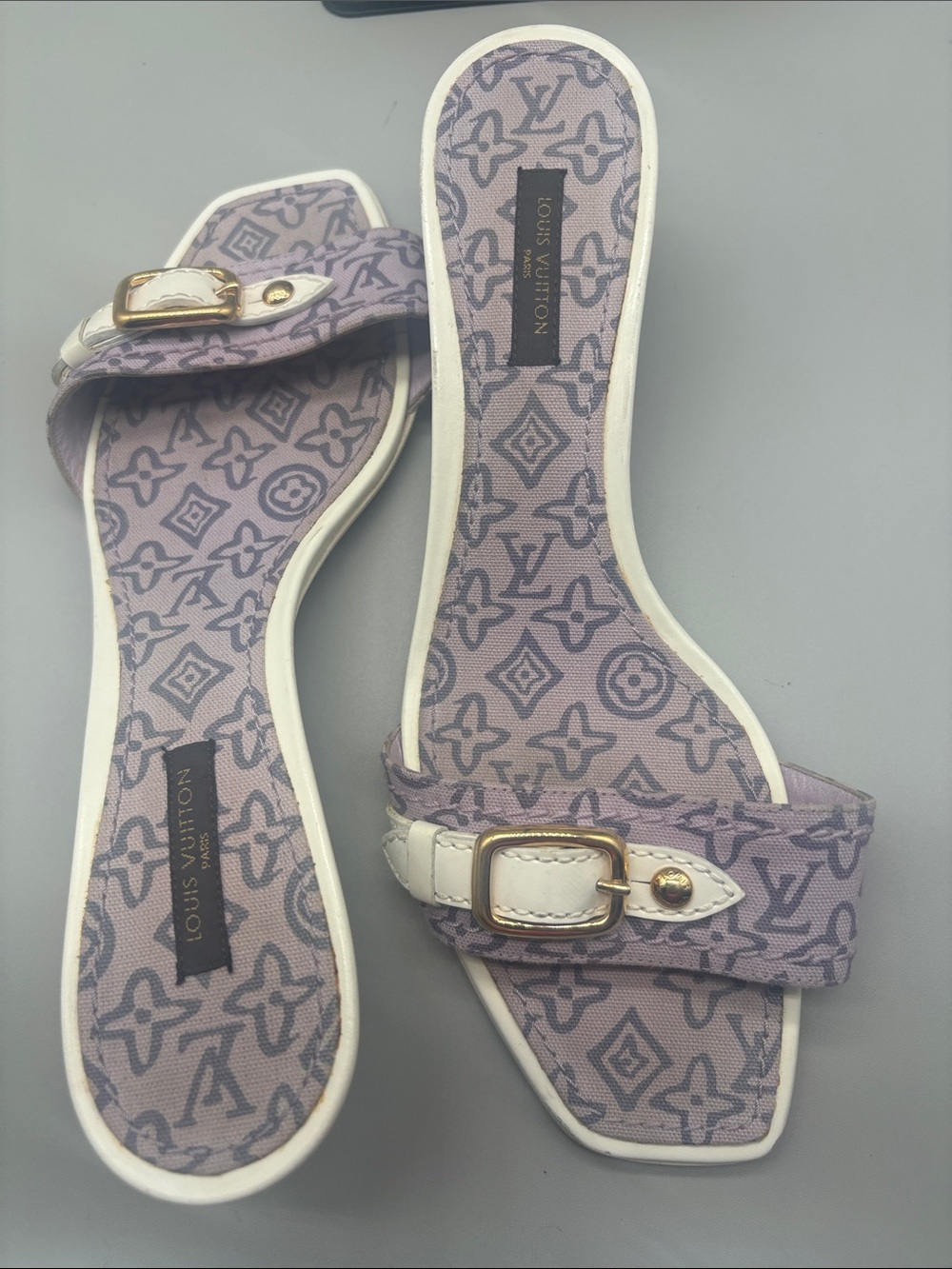 Louis Vuitton Lilac Monogram Canvas Mule Sandals with White Trim sz 37